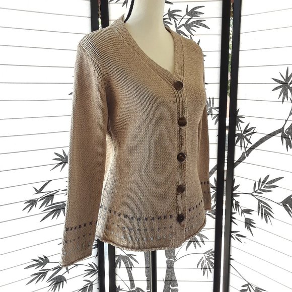 J. Jill 100% Silk Tan and Blue V Neck Knit Cardigan Sweater Size S - Picture 3 of 14